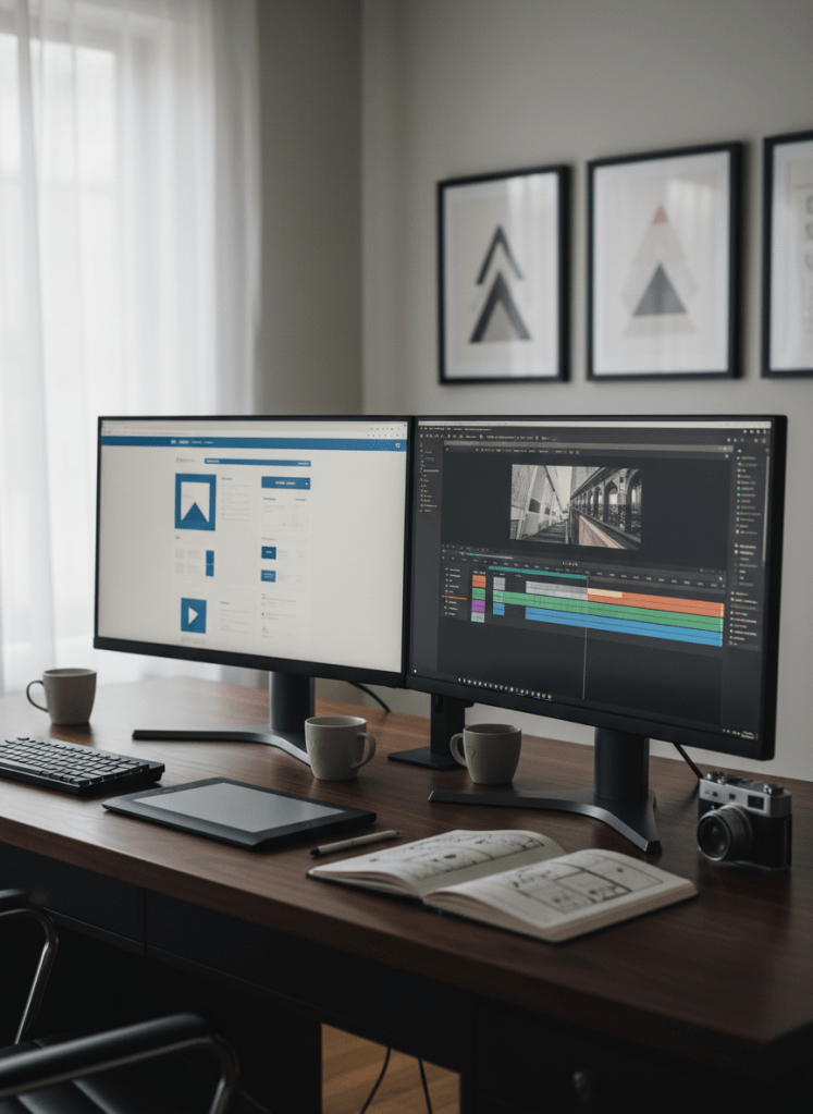 A meticulously arranged dual-designer workspace showcasing a sophisticated creative studio, featuring two adjacent ultra-wide monitors on a dark walnut desk, each screen displaying different design disciplines: one with a sleek website wireframe, the other paused on a cinematic video editing timeline. Minimalist high-end accessories—streamlined keyboard, pen tablet, vintage camera, and a sketchbook open to storyboard frames—are carefully placed. Soft, diffused daylight filters through a sheer curtain, creating subtle reflections on the monitor glass and desk surface. The background fades into a tastefully blurred wall with framed monochrome design prints. Photographic realism, eye-level composition with a shallow depth of field, calm and focused atmosphere, clean and modern aesthetic that conveys a polished, professional creative studio for a husband-and-wife team without showing any people.